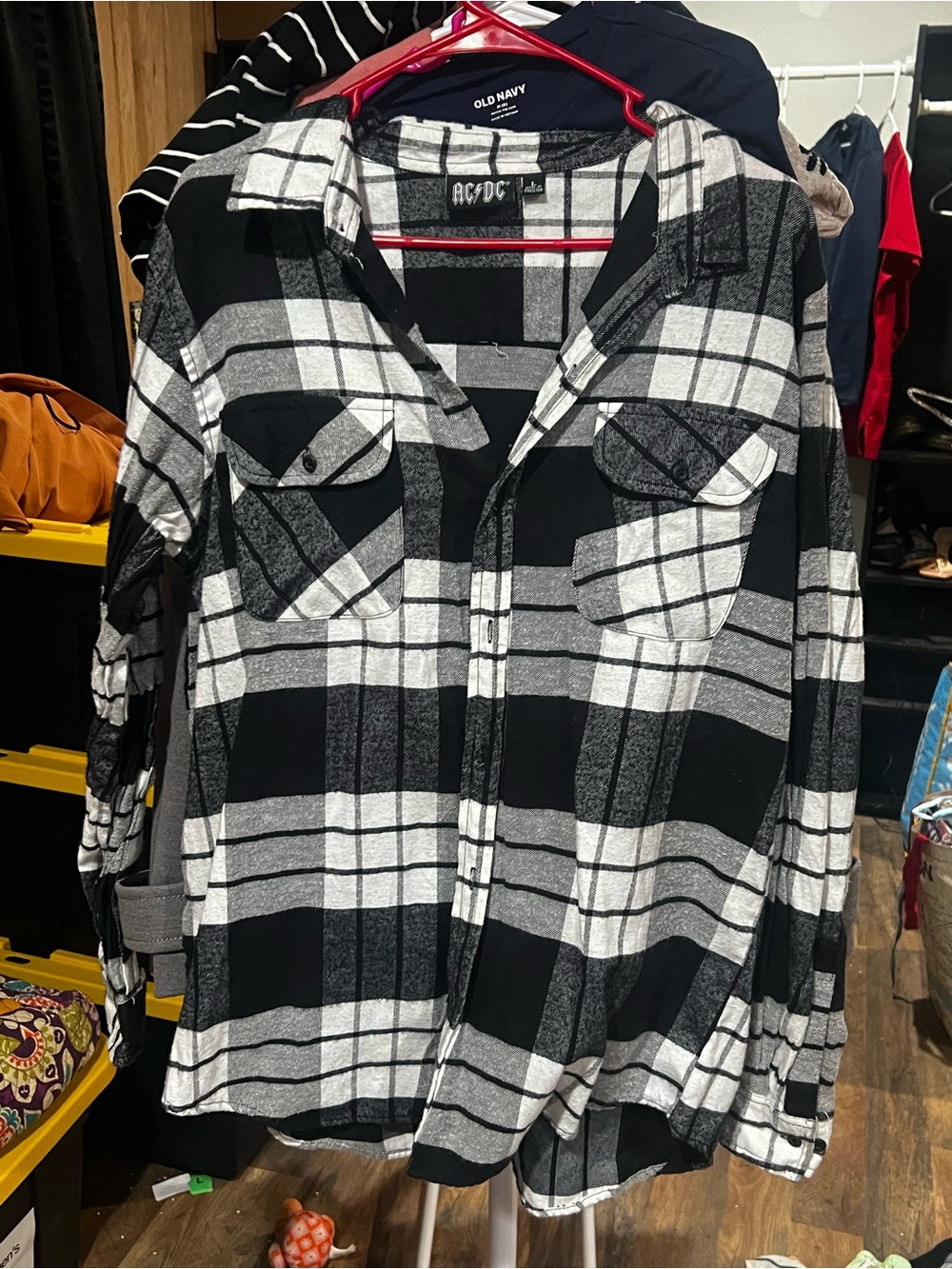 AC/DC Black and White Plaid Button-Down Shirt